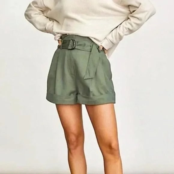 Elizabeth and James Carey Womens Paper Bag High Waist Shorts Olive Green size 10 - Picture 3 of 14